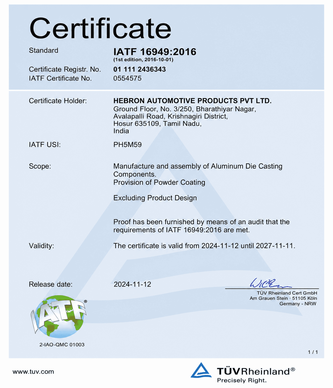 IATF 16949:2016 Certificate